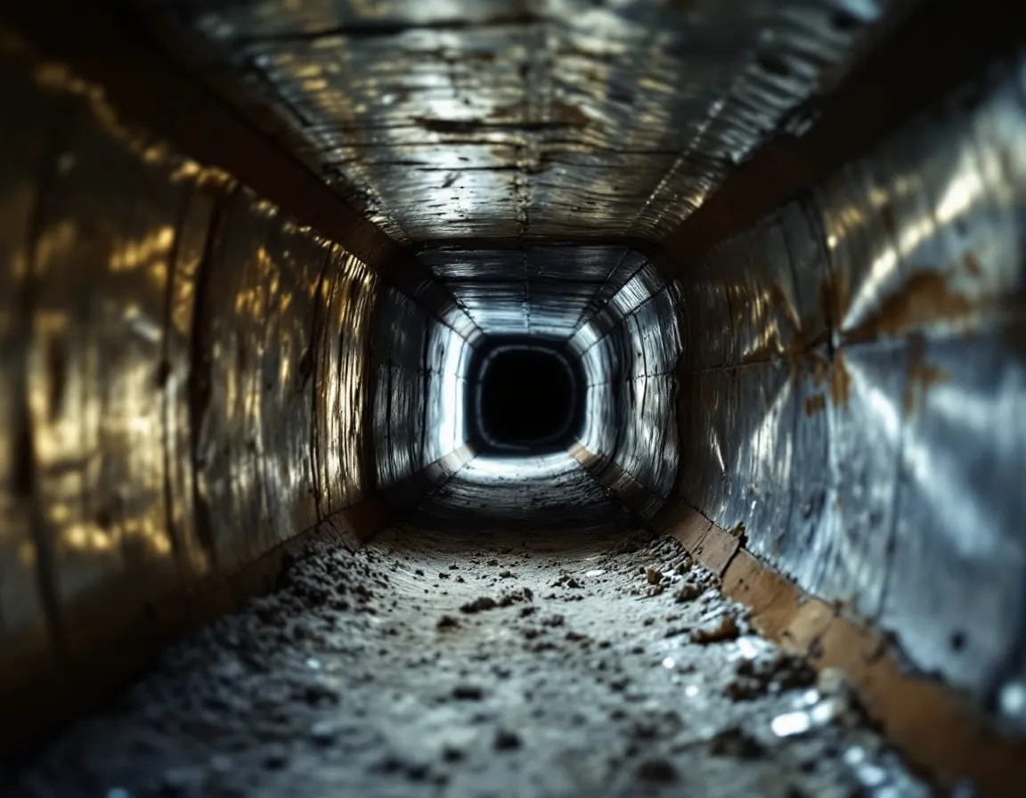 Looking along the inside of a galvanized air duct with dust settled along the bottom