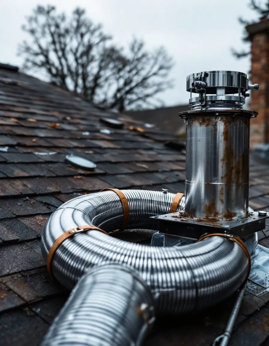A coil of stainless steel chimney liner laid out on a roof beside the flue