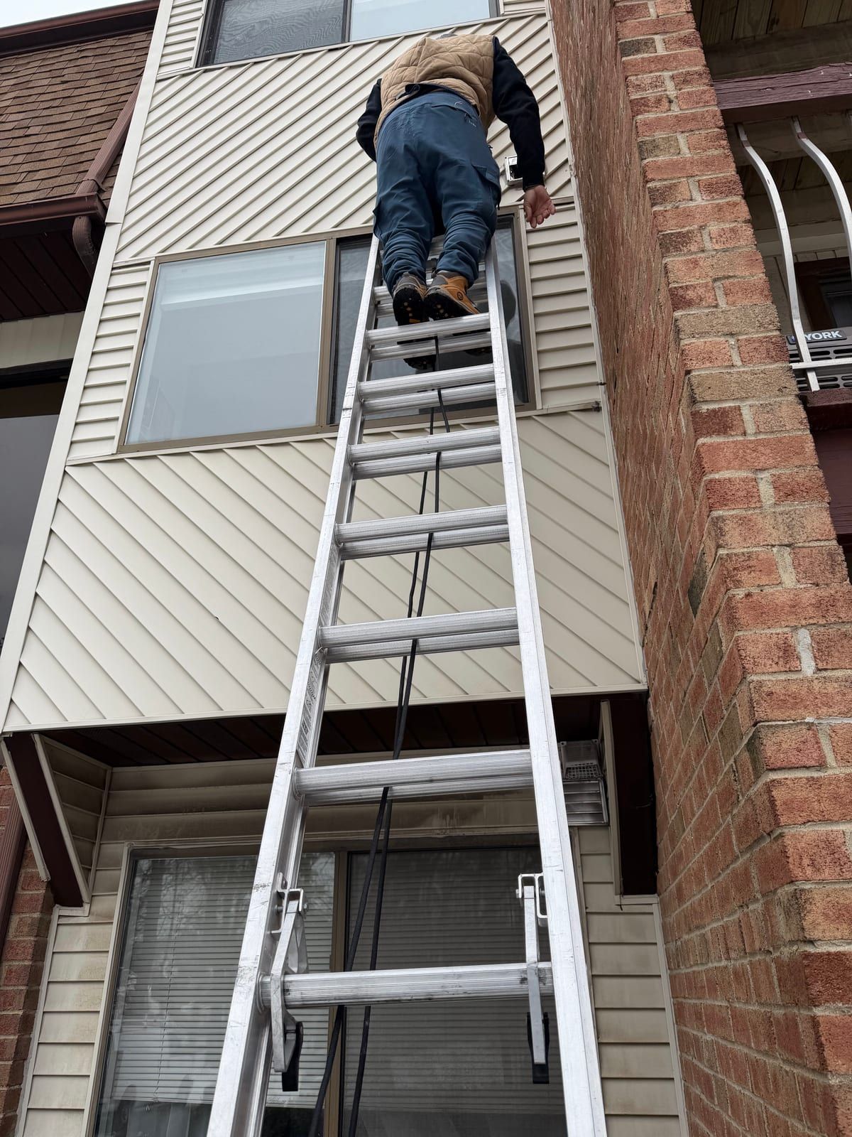 A ladder set against a North Jersey house, reaching the chimney at the roofline