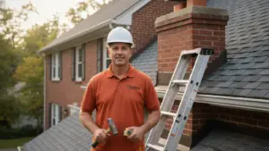Professional roofer with tools and ladder at brick home inspection site.