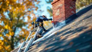 Professional roofer on ladder installing shingles near brick chimney during autumn.