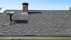 Residential asphalt shingle roof with brick chimney and solar light fixture.