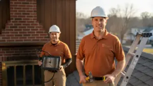 Two construction workers in hard hats on a rooftop with tools and equipment.