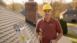Professional chimney sweep poses on residential roofline with tools and equipment.