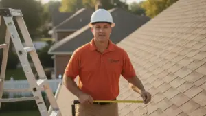 Roofing contractor on shingled roof with measuring tape and white hard hat.