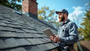 Professional roofer inspects residential roof with tablet during sunny day.
