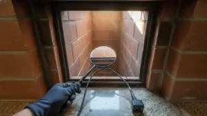 Inspection camera on cable being used to view interior of brick chimney duct.