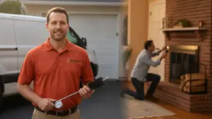 Chimney sweep professional poses with cleaning brush in residential driveway setting.