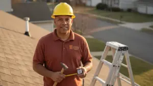 Professional contractor on residential roof holding tools and measuring tape.